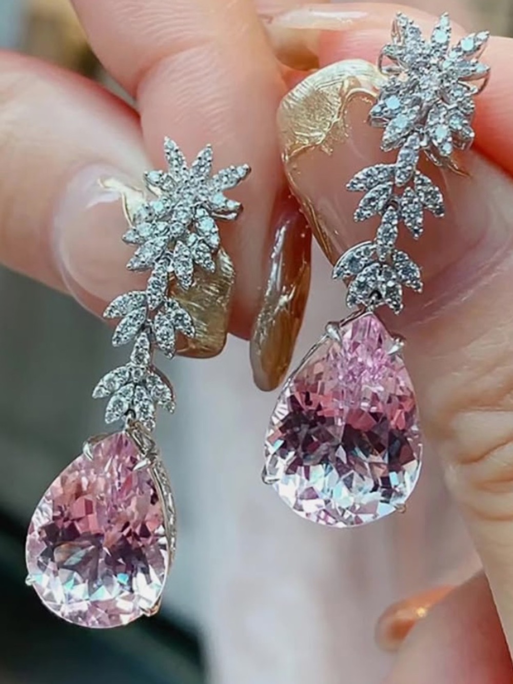 Elegant Pink Teardrop Crystal Drop Earrings  New